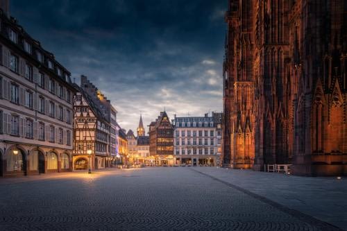 The Place de la Cathédrale in Strasbourg, during the blue hour, just after the first picture at golden hour The Place de la Cathédrale in Strasbourg, during the blue hour, just after the first picture at golden hour