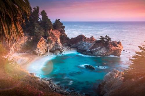 Famous view on McWay Falls, on the coast of Big Sur in central California, during Golden Hour Famous view on McWay Falls, on the coast of Big Sur in central California, during Golden Hour