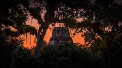 Crepúsculo privilegiado en la antigua ciudadela Maya de Tikal, con vista al templo IV Crepúsculo privilegiado en la antigua ciudadela Maya de Tikal, con vista al templo IV
