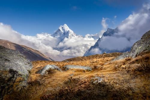 View on Ama Dablam surrounded by clouds, after going through Cho La Pass View on Ama Dablam surrounded by clouds, after going through Cho La Pass
