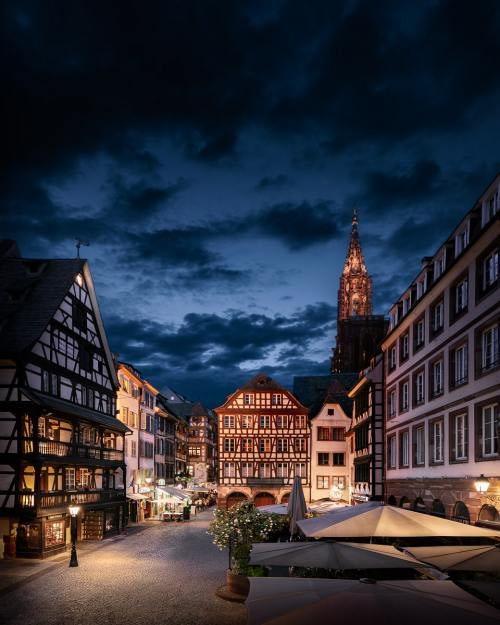 Nice view on the Suckling Pig Market Square in Strasbourg, at night Nice view on the Suckling Pig Market Square in Strasbourg, at night