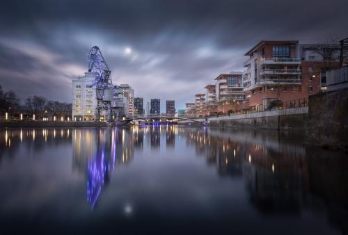 The Austerlitz Pool at blue hour with a nice view on the media library Malraux and its cranes The Austerlitz Pool at blue hour with a nice view on the media library Malraux and its cranes